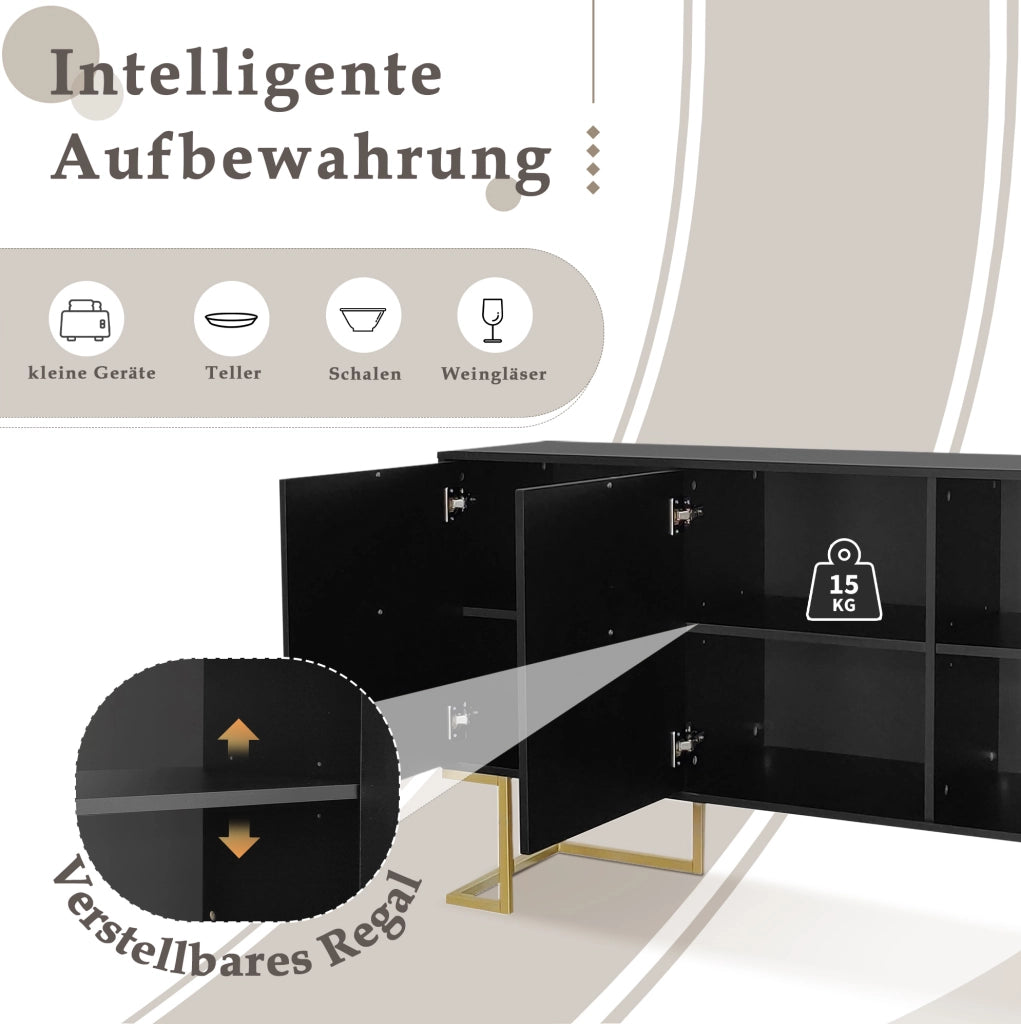 Credenza 3 ante con ripiani regolabili; struttura in MDF e base in metallo; nera
