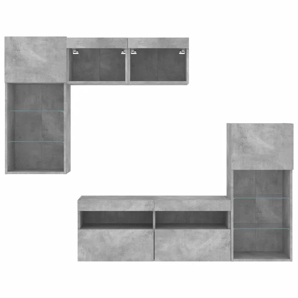 vidaXL Mobili TV a Muro con LED 5pz Grigio Cemento Legno Multistrato