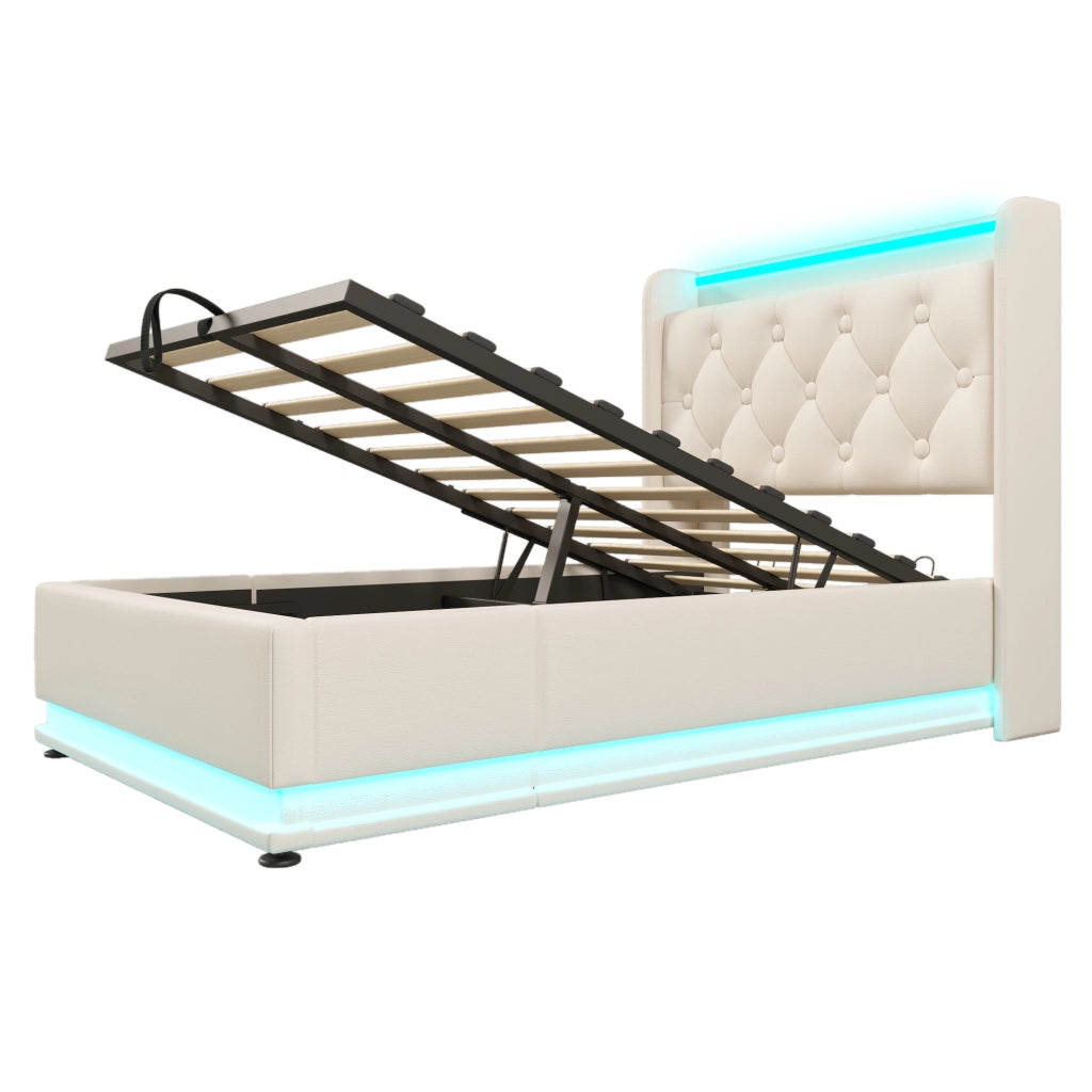 Letto singolo imbottito 90x200 cm bianco con LED 360°, USB Tipo-C, contenitore idraulico e materasso incluso