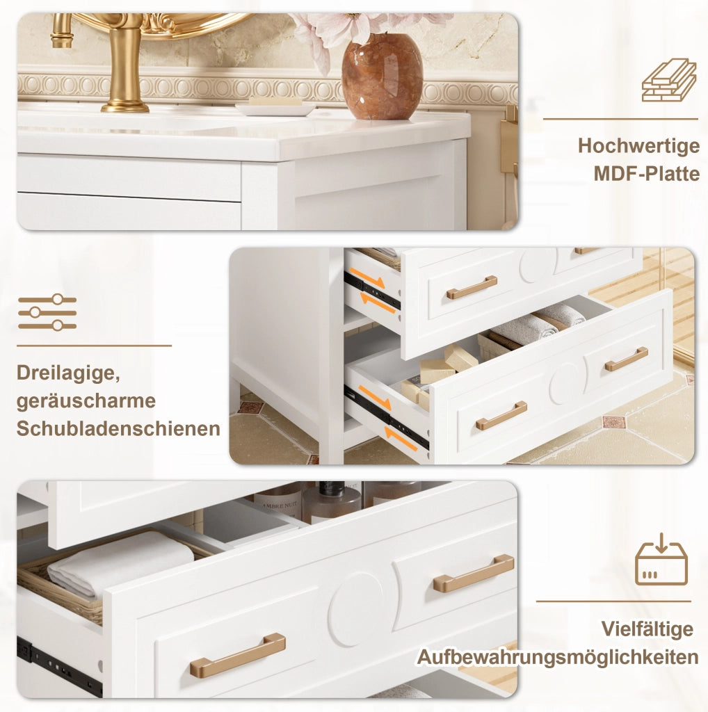 Mobile lavabo freestanding bianco 76,5x47x82 cm in MDF e ceramica con 3 cassetti