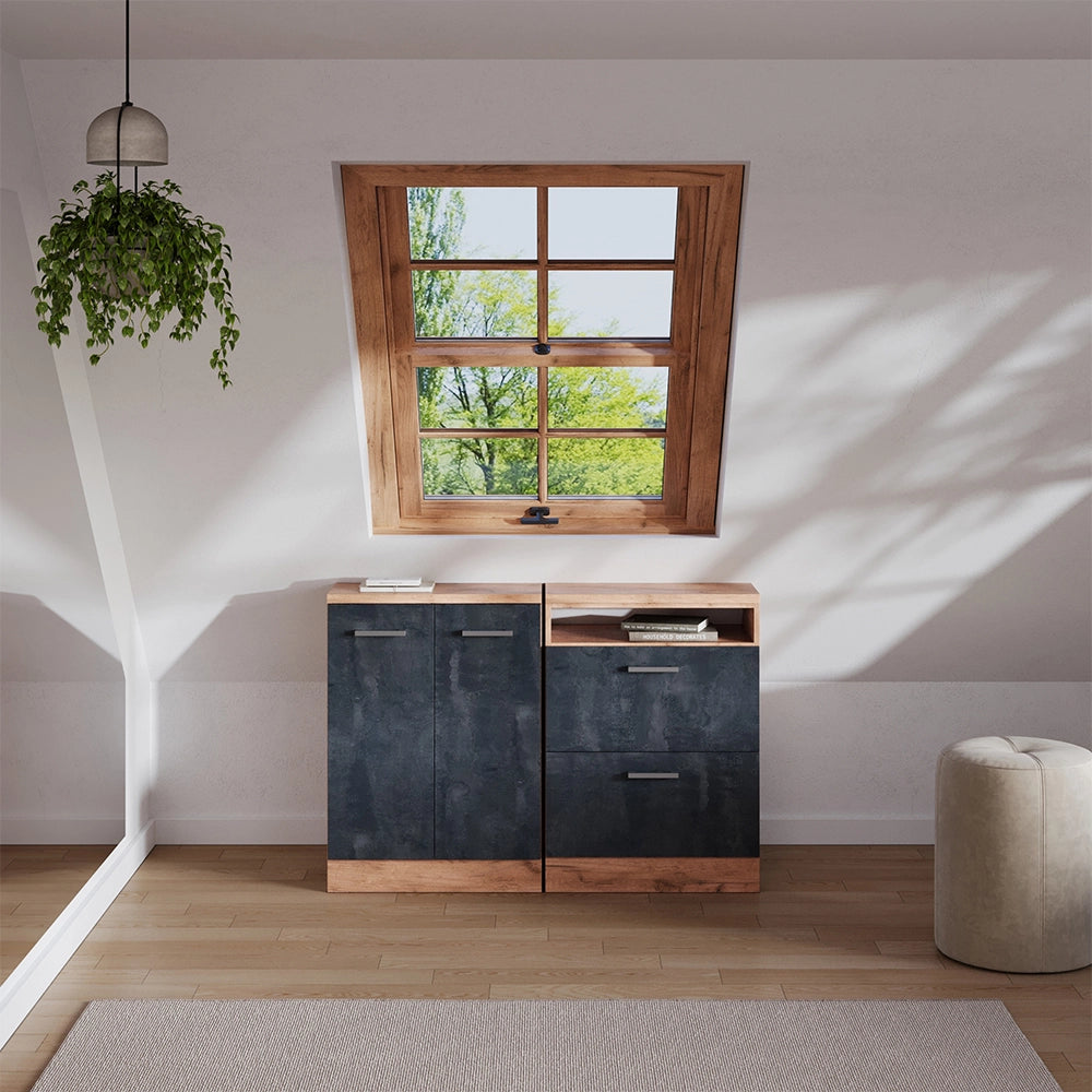 Set di mobili sottotetto Rion Calce nera/Rovere dorato 120 cm Set di 2 carcasse armadio profondità 60 cm Vicco