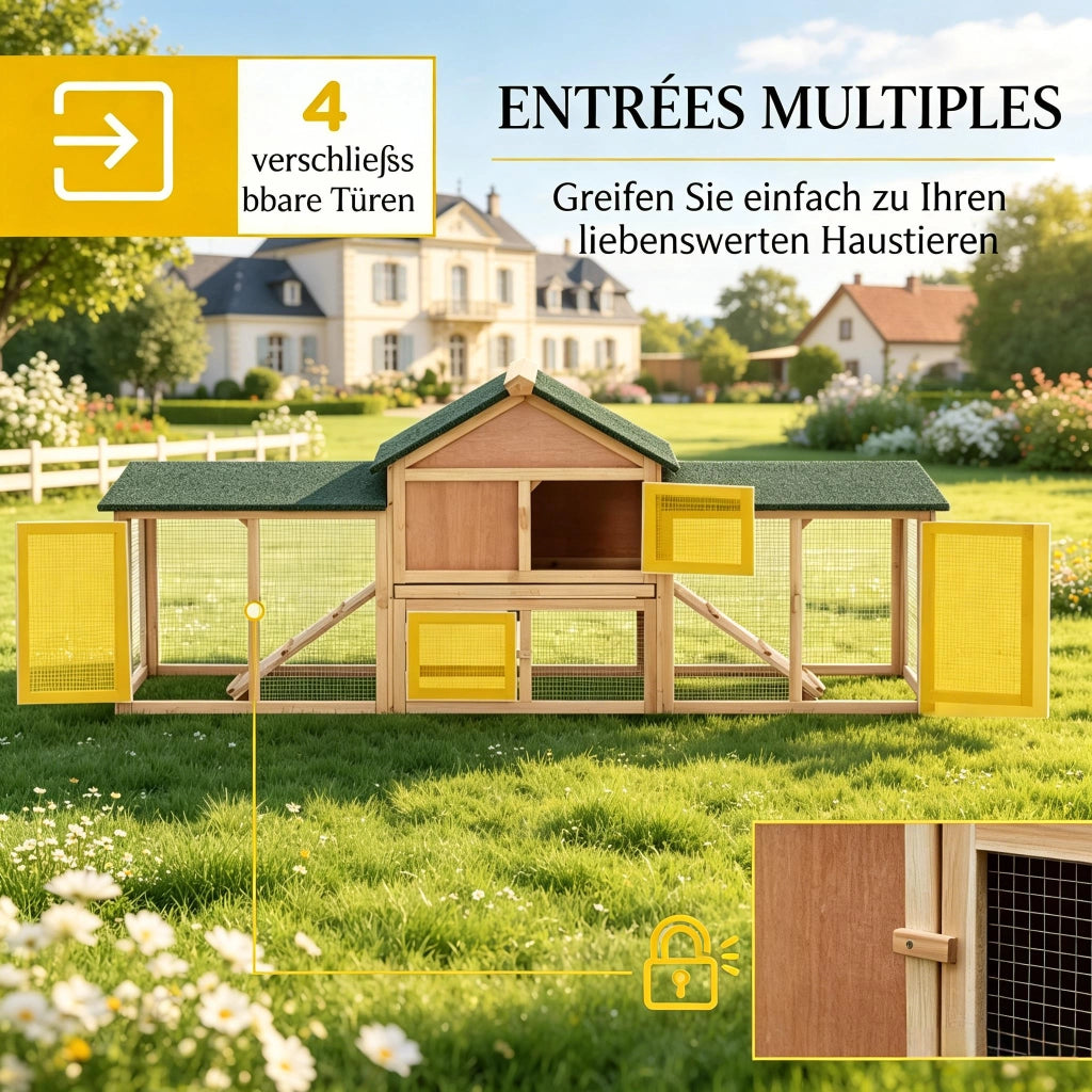 Casetta da giardino a due livelli con rampa e cassetto estraibile in metallo e legno verde naturale
