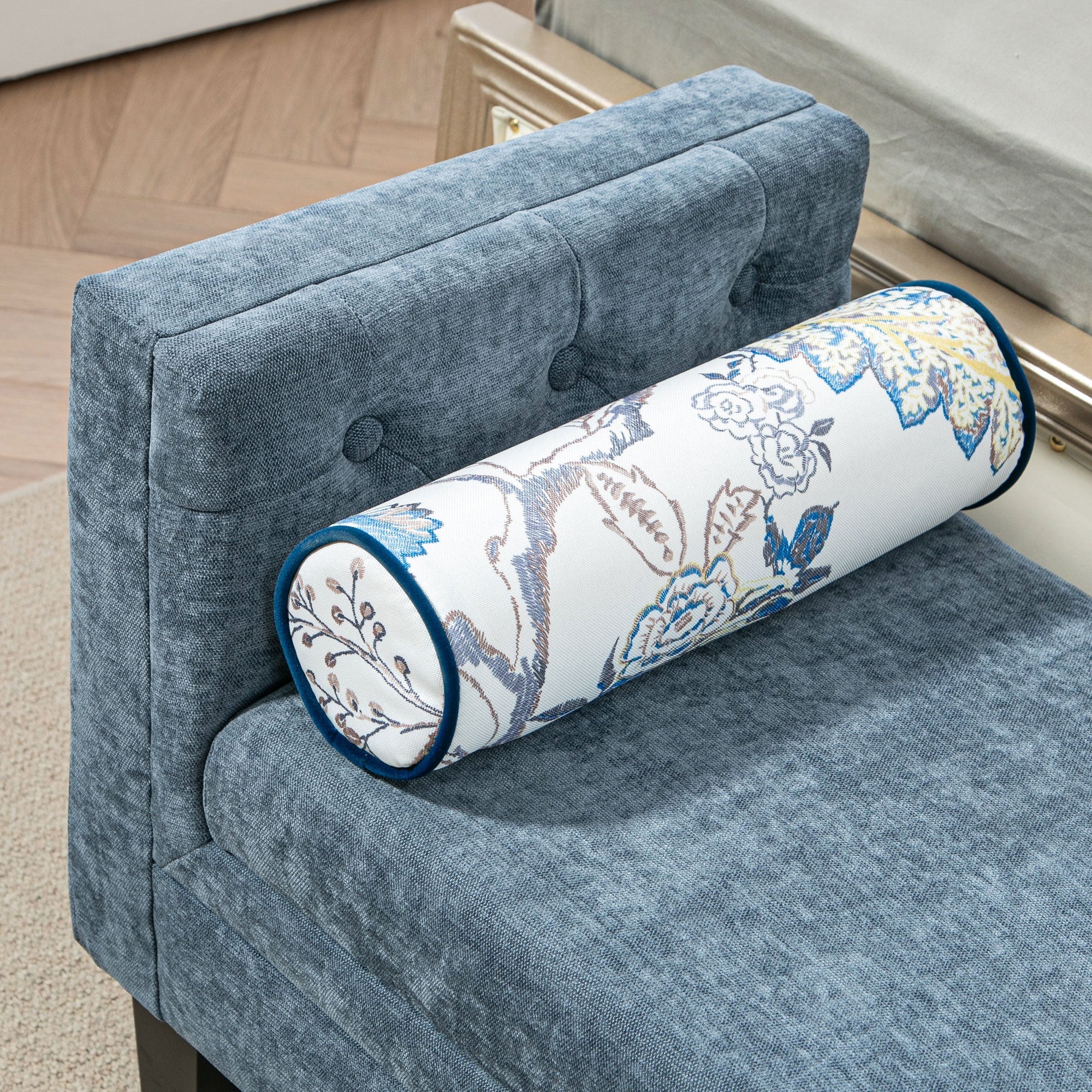 Panca Fondoletto Braccioli Trapuntati e 2 Cuscini 115,5x45x56 cm in Ciniglia e Legno Grigio-Blu e Nero