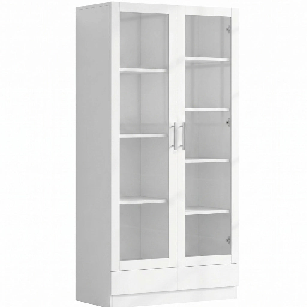 Mobile vetrina alto con 2 cassetti; 4 ripiani a sinistra e 5 a destra; 160x40x80 cm; bianco