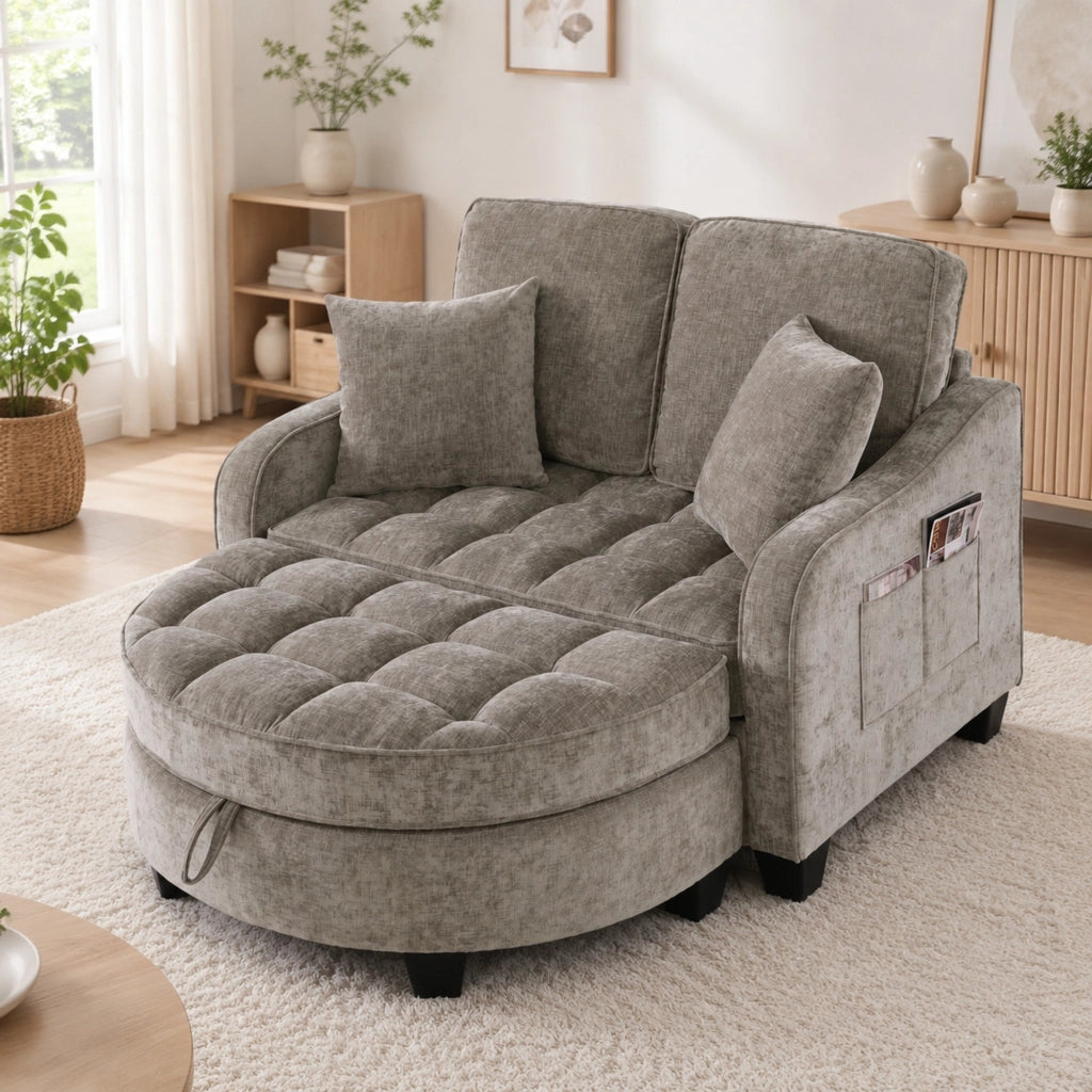 Divano letto 2-in-1 con pouf contenitore; struttura in eucalipto; marrone