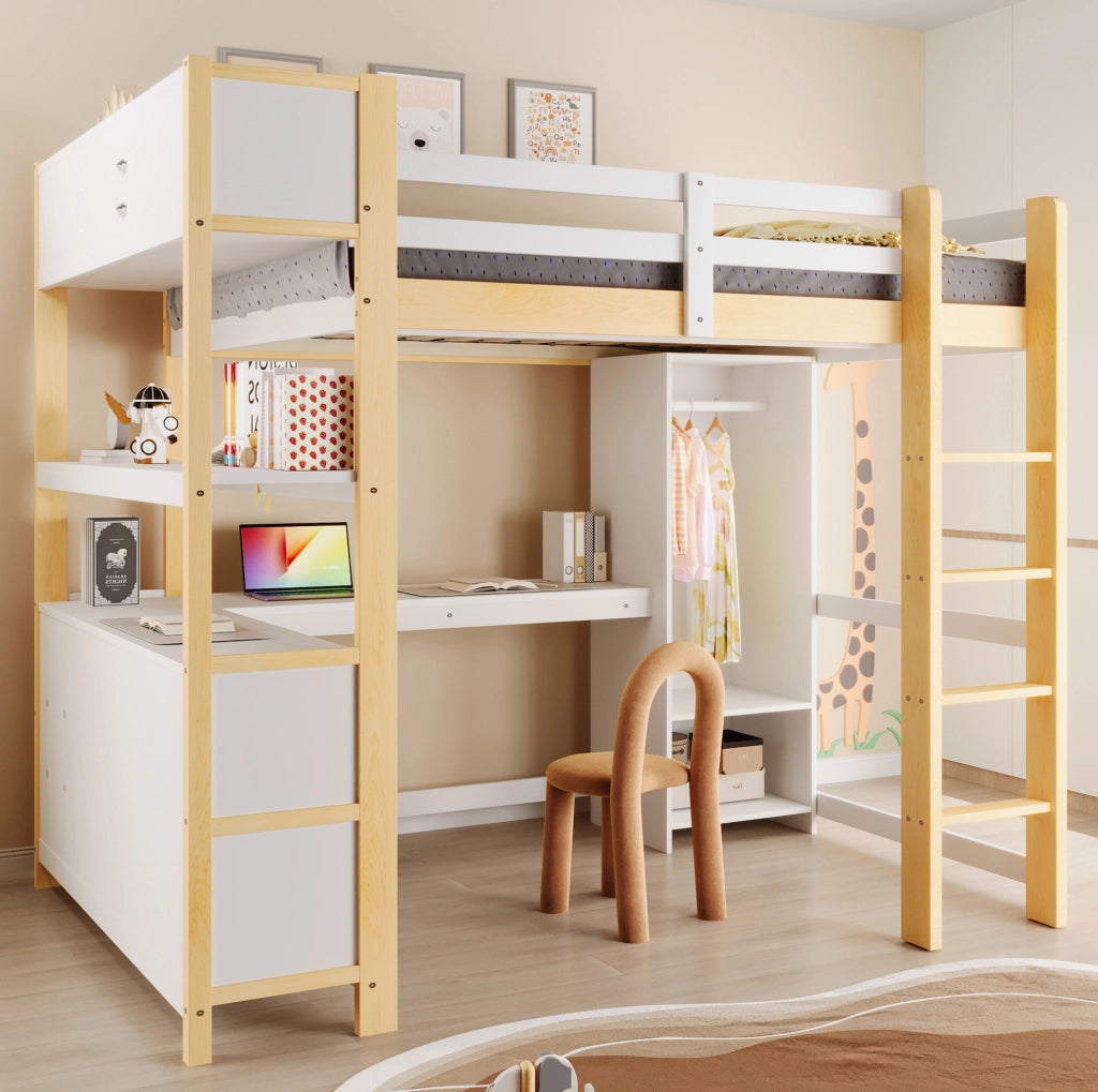 Letto a soppalco 140x200 cm con scrivania e armadio