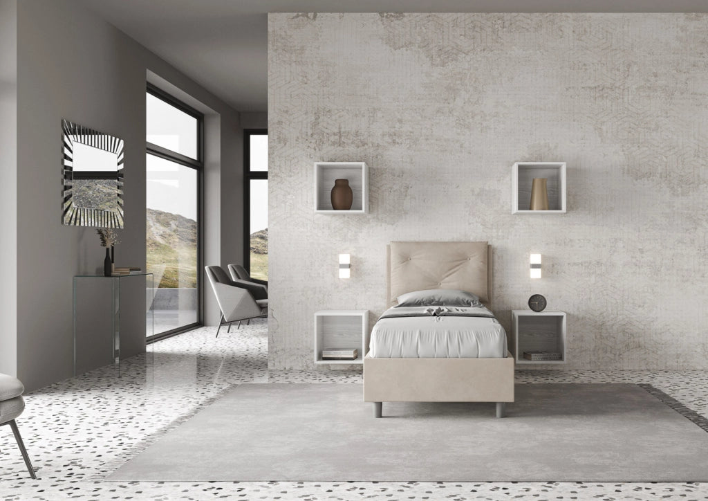 BS COM Letto singolo contenitore imbottito 80x190 microfibra sabbia