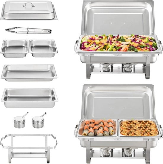 Set di riscaldamento buffet 2x - RVS - Con contenitori di carburante - Cucchiaio e manico di buffet - Piatti da buffet