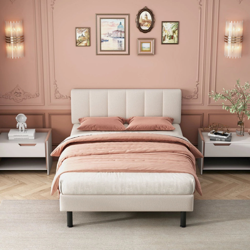 Letto 140x190 cm con rete a doghe; tessuto sherpa beige