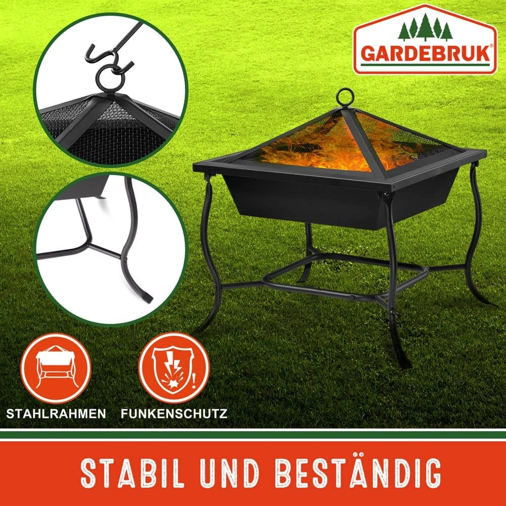 Deuba Braciere da Esterno Quadrato 45x45cm Parascintille Attizzatoio Ciotola da Fuoco Bracieri