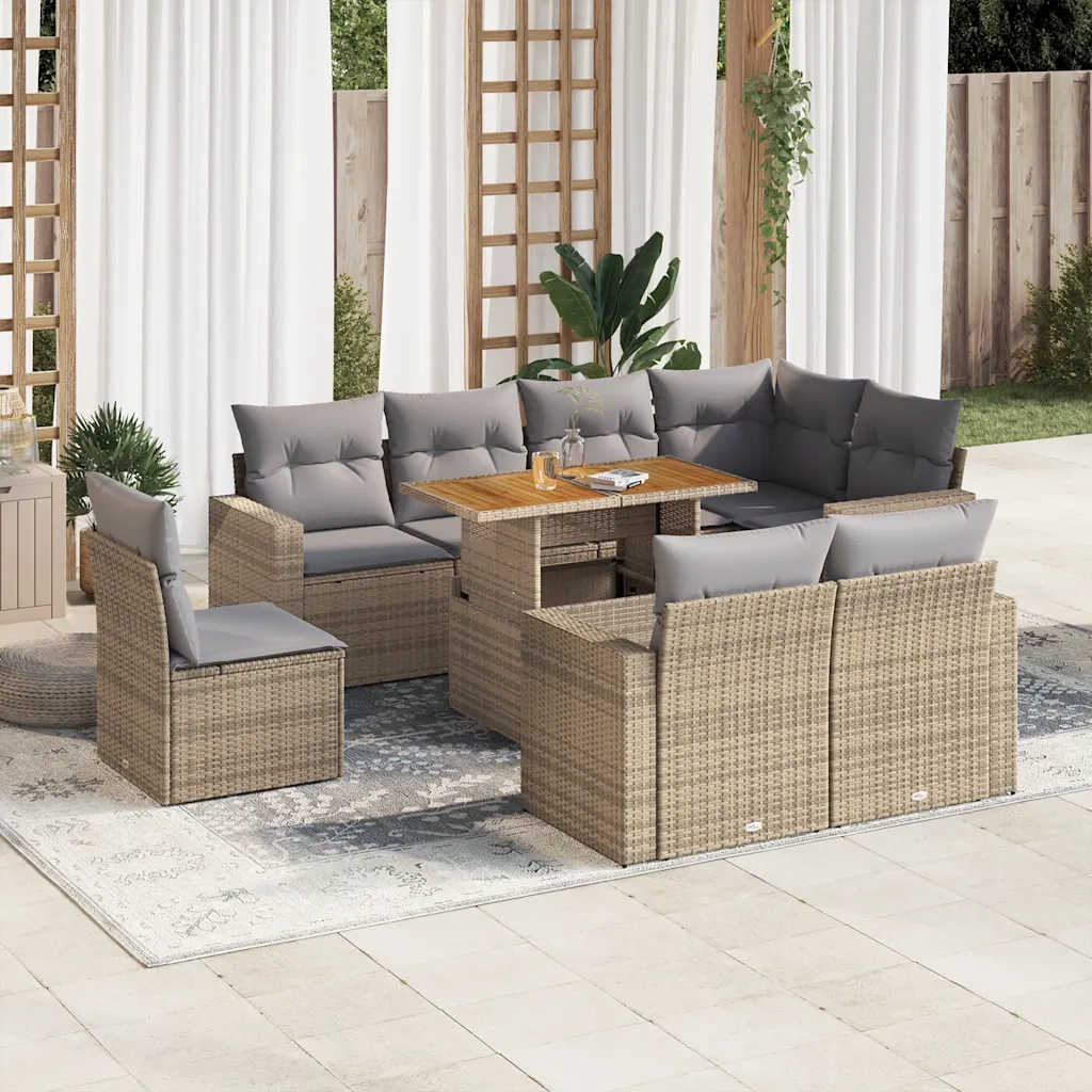 Set Divano da Giardino 9 pz con Cuscini Beige in Polyrattan 3327055