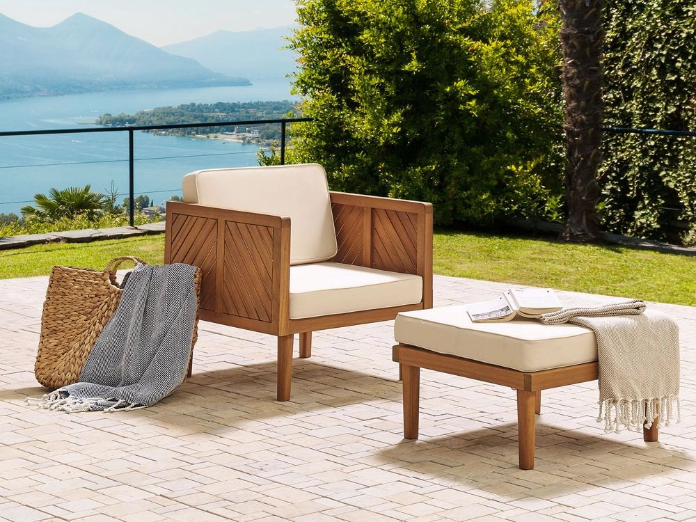 Ottomana legno chiaro e cuscino poliestere beige chiaro ottomano per esterni e interni resistenti agli agenti atmosferici