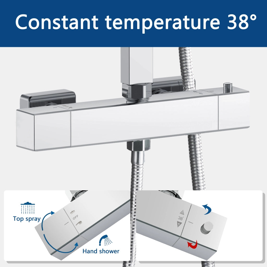 AICA Set Doccia Completo Cromo con Soffione, Doccetta, Rubinetto e Saliscendi Quadrati, Miscelatore Termostatico Doccia