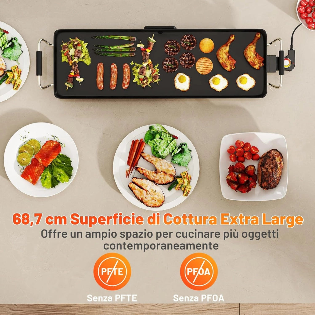 1800W Piastra Elettrica, Barbecue Elettrico con Temperatura Regolabile, Termostati e Vassoio di Sgocciolamento, Griglia Antiaderente (70 x 22 cm)