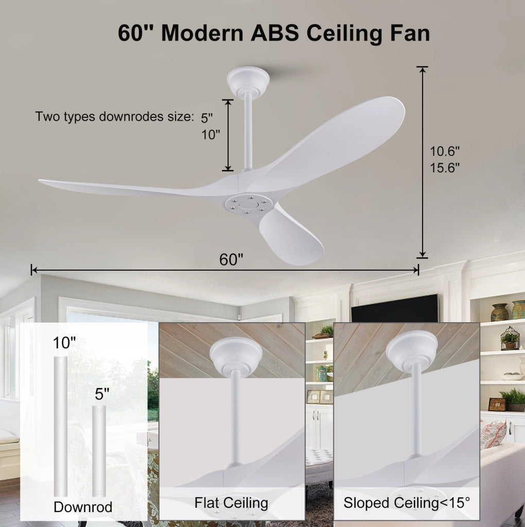 Ventilatore da soffitto 60 pollici senza luce con telecomando; pale in ABS bianche