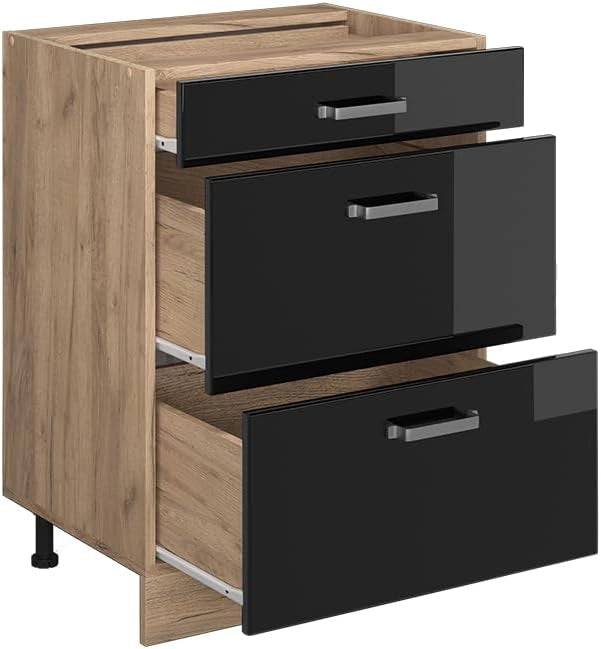Mobiletto base per cucina R-Line, Nero lucido, 60 cm con cassetti, senza piano di lavoro, per la libera combinazione all'interno di sistemi cucina modulari