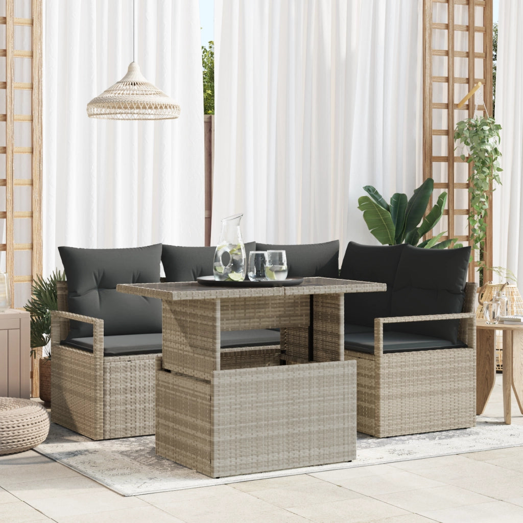 Set divano giardino 5 pezzi con cuscini Rattan poliestere grigio chiaro