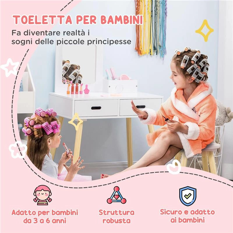 SET TOELETTA PER BAMBINI CON TAVOLO TRUCCO E SGABELLO SPECCHIO E 2 CASSETTI BIANCO E COLORE LEGNO