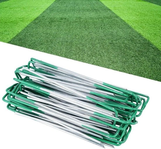 100 pezzi di U-Pins per Kunstgras a metà verde, punti metallici zincati, chiodi a haring, per l'eliminazione dell'erba infestante.
