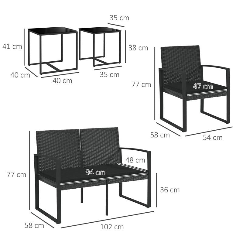 SET DA GIARDINO CON 2 SEDIE, DIVANETTO E 2 TAVOLINI CON CUSCINI E PIANO IN VETRO, NERO
