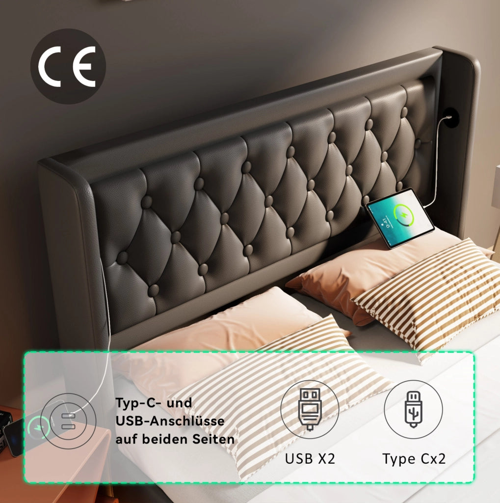 Letto matrimoniale contenitore 180x200 cm nero PU con LED e USB-C