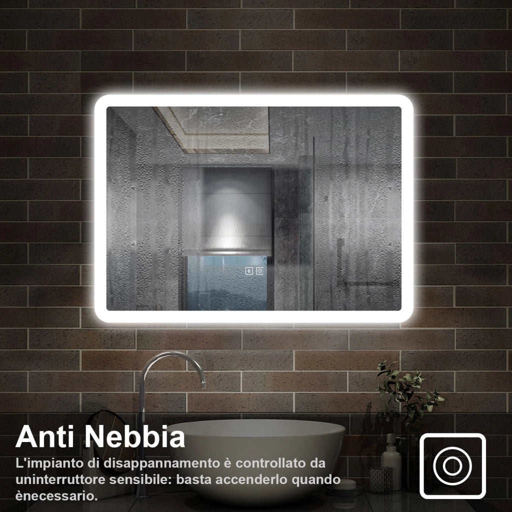 specchio rettangolare 80 x 60 cm con luce led a 3 colori, antiappannamento e touch, bluetooth