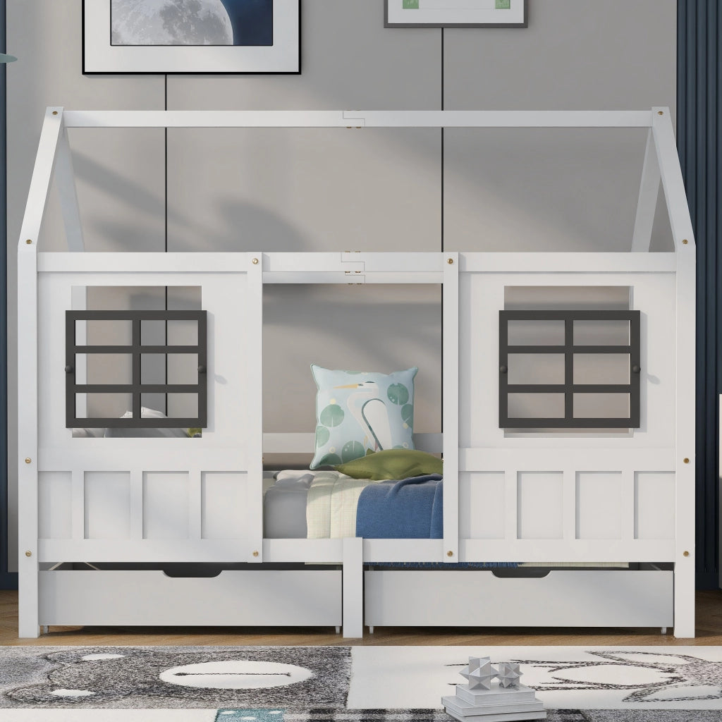Letto singolo a casetta 200x90 cm con 2 cassetti e finestre; in legno massello e MDF; bianco