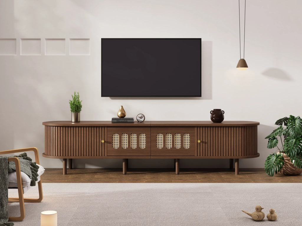 Mobile porta tv 180 cm in noce scuro con design in rattan
