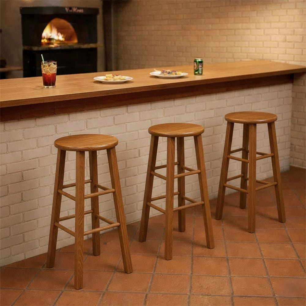 Sgabello legno con seduta rotonda h 80 cm noce chiaro gamba dritte