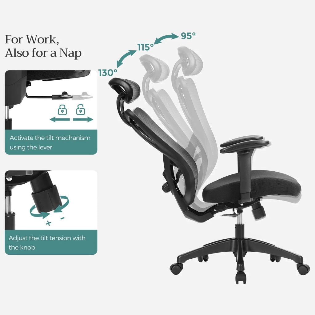 Sedia da ufficio in tela sedia per computer seduta ergonomica supporto lombare regolabile poggiatesta regolabile schienale reclinabile capacità di carico 150 kg altezza regolabile nero 12_0004856