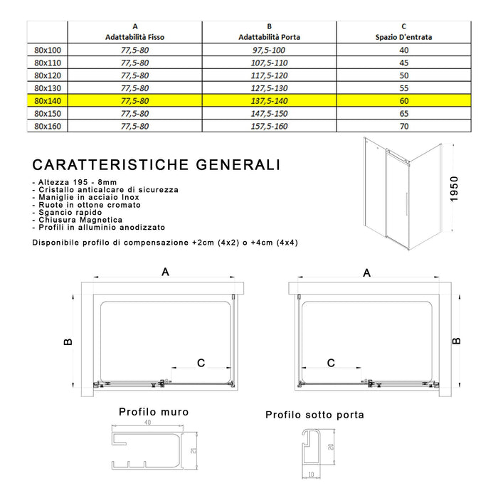 Box Doccia Angolare 80x120 cm 1 Anta Scorrevole in Cristallo Fumè 8mm H195 Bonussi Alina