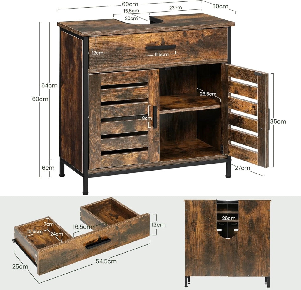 Mobiletto, Mobile Lavabo, Mobile Bagno, con 1 Cassetto Grande, 2 Ante a Ribalta, Ripiano Regolabile, MDF, 60x30x60cm, Marrone Rustico