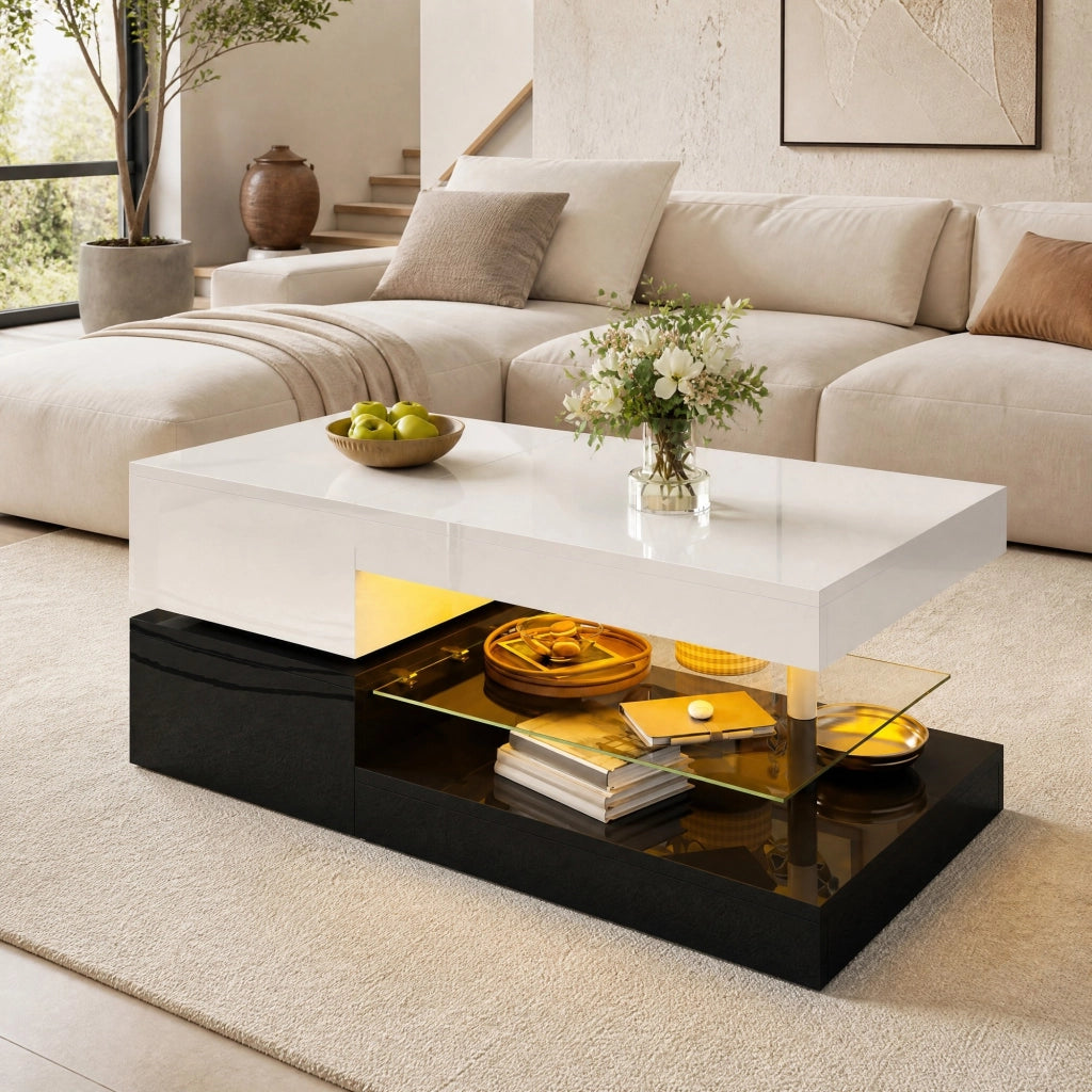 TAVOLINO DA CAFFÈ LED 90x45x35,5 cm Bianco/Nero in pannello di legno e vetro temperato