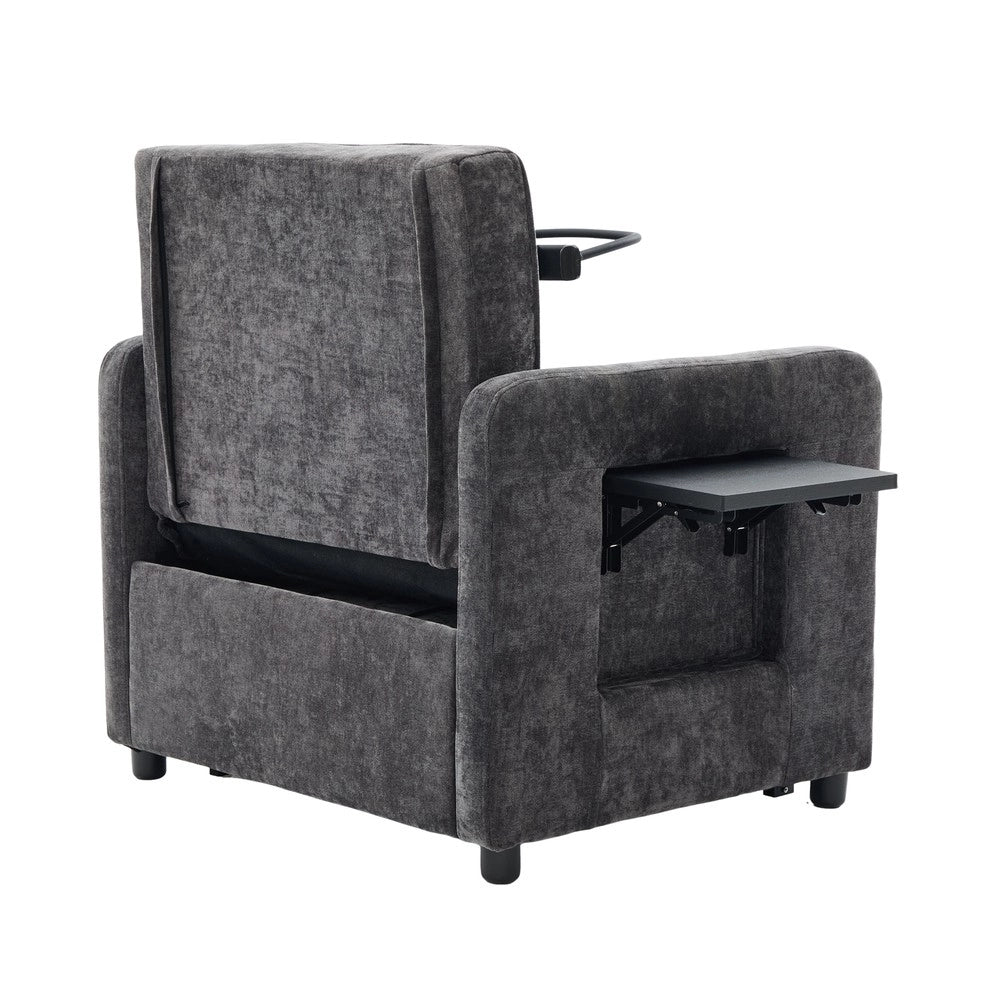Poltrona letto ¨C Minimal ¨C tessuto chenille grigio con cuscini, tasche laterali e tavolino