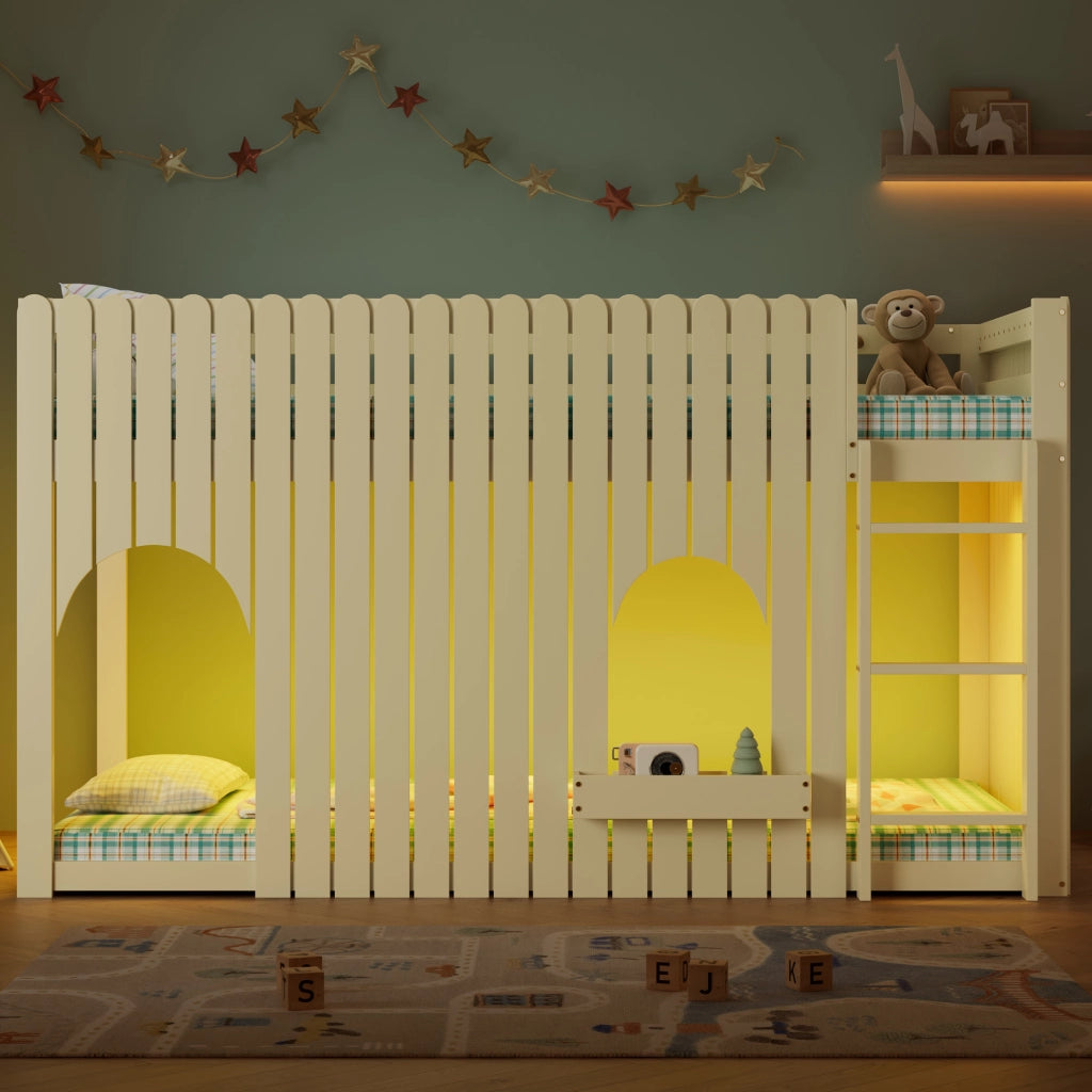 Letto a Soppalco 90x200 cm - Luci LED; Scala a 3 Gradini e Mensole - Naturale