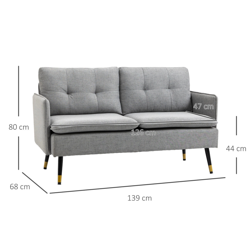 Divano 2 Posti in Tessuto con Cuscini Imbottiti e Gambe in Acciaio 139x68x80cm, Grigio