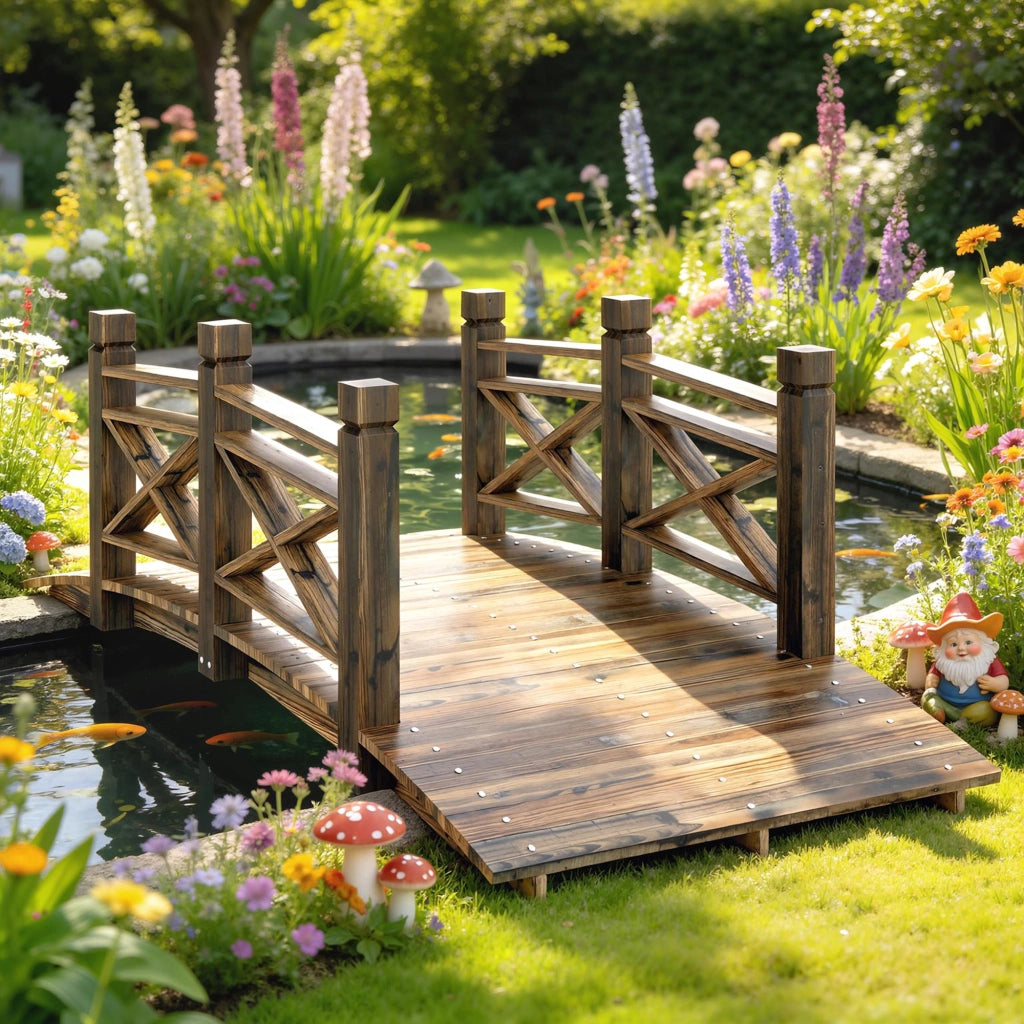 Ponte da giardino in legno con ringhiera ¨C Xylo ¨C 174x78x57.5 cm effetto anticato carbonizzato