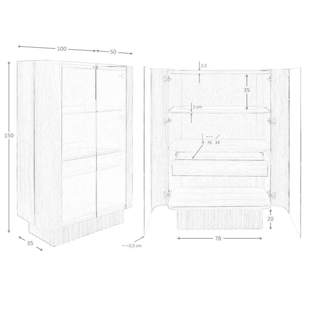 Credenza alta in vetro temperato, noce con illuminazione interna