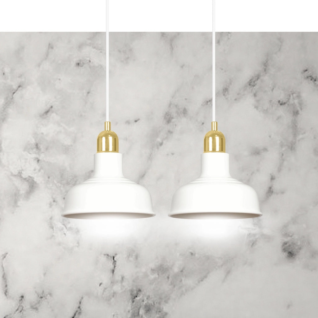 Lampadario Industrial 2 Luci Kubera In Acciaio Bianco Con Elementi In Oro