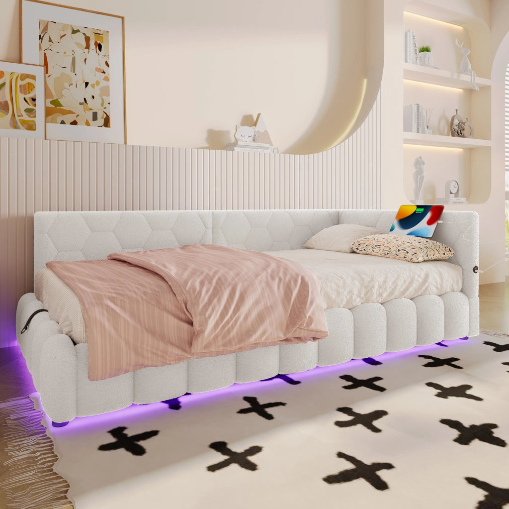 Letto singolo 90 x 200 cm con vano idraulico; LED; USB e Type-C; velluto bianco