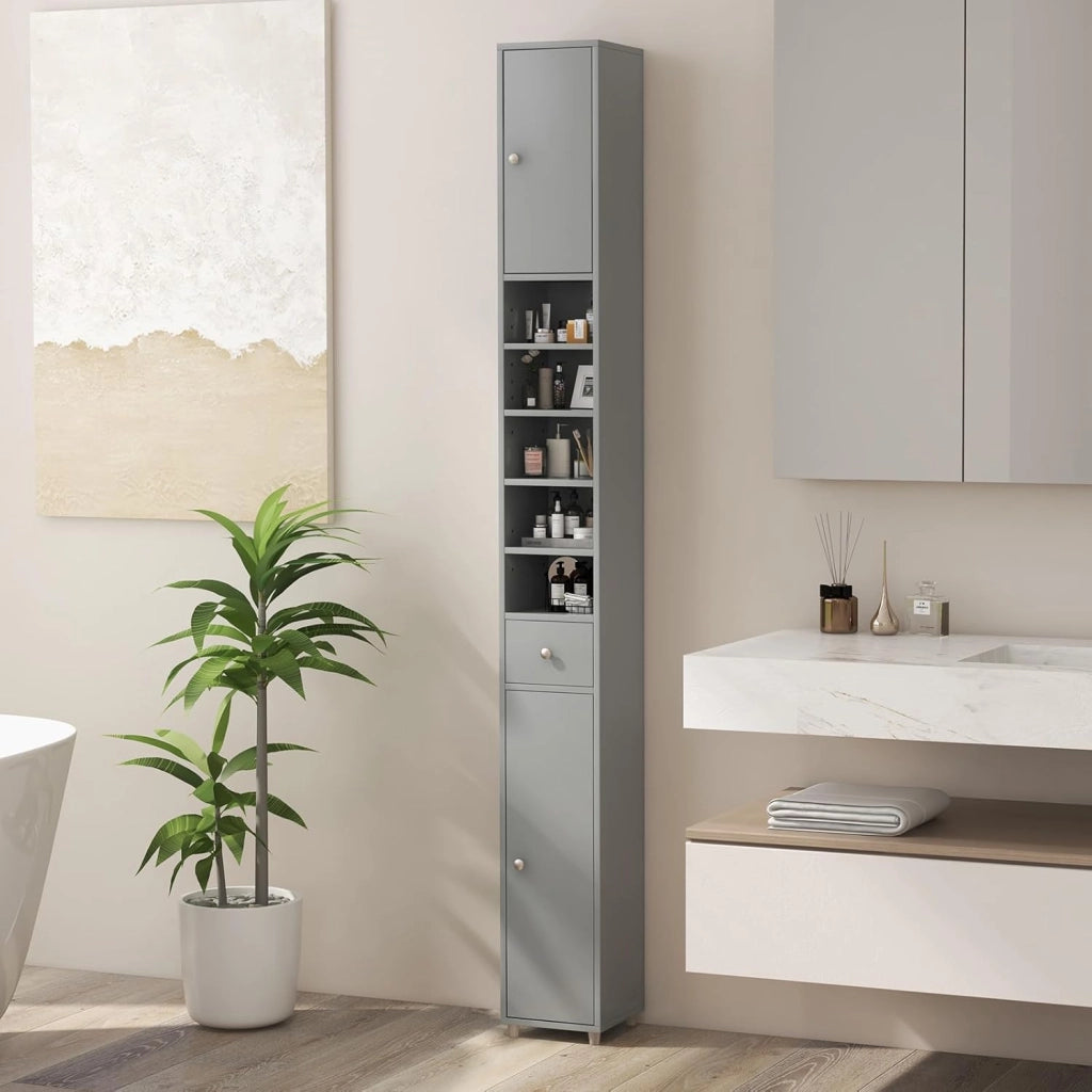Armadio da Bagno Sottile e Alto con Ante, Mobiletto Bagno Salvaspazio Cassetto e Ripiani Regolabili, Design Moderno, 20 x 20 x 180 cm, 4 Colori