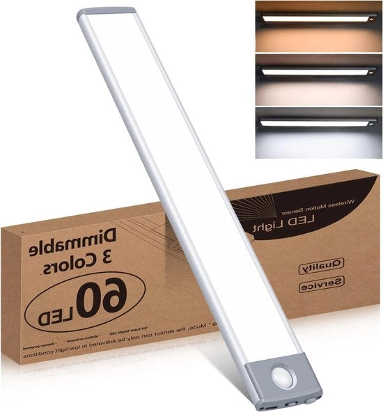 Luce per Armadio - Sensore di Movimento - Caricabile via USB - 3 Colori - Regolabile senza Interruzione del Flusso d'Arte - Illuminazione Sotto Cassetta - Luce per Cassetta - Adesivo - 60 LED.