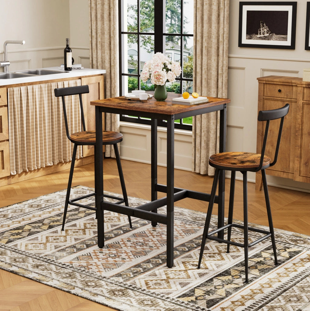 Set bar 60x60x92 cm salvaspazio con schienale; in acciaio e truciolato marrone rustico e nero