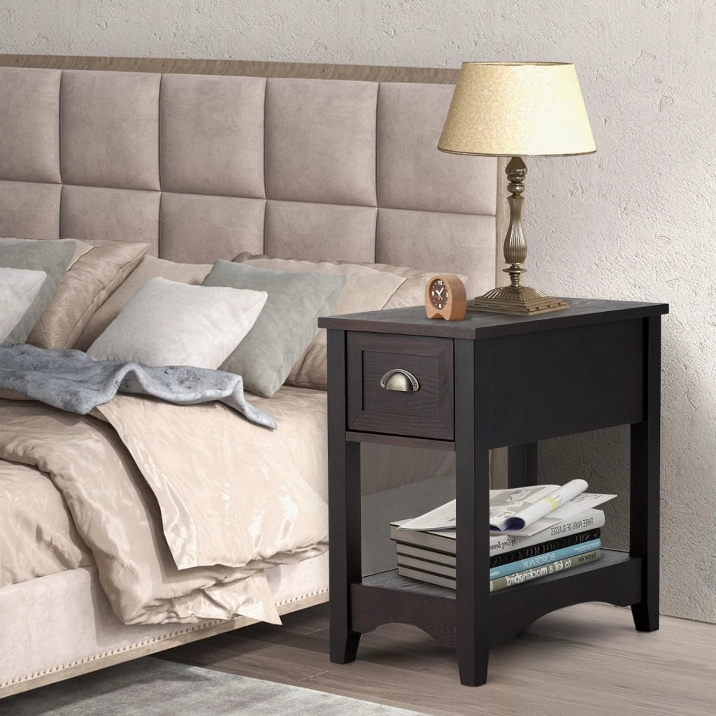 Tavolino laterale retrò con cassetto e ripiano aperto, tavolo da notte rettangolare con gambe in legno massello, stretto per piccoli spazi, soggiorno, camera da letto (Nogal, 2)