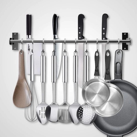Rack da cucina senza fori, lista da cucina con 12 ganci con holder per coltello e holder per coperchio, acciaio inossidabile, lunghezza estensibile da 40-72 cm
