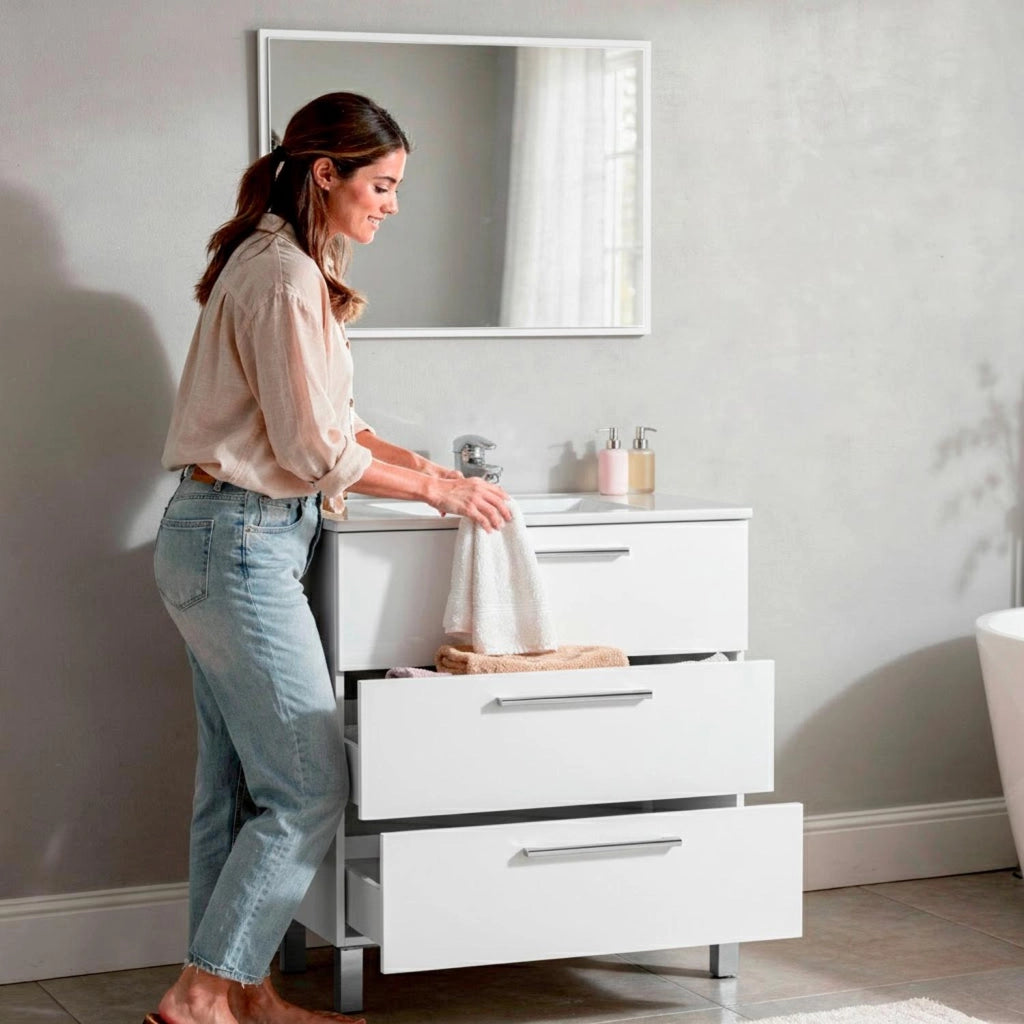 Mobile Bagno A Terra Con 3 Cassetti Lavabo In Ceramica E Specchio 77 X 50 Cm Inclusi Design Moderno Salvaspazio Elegante E Funzionale 80 X 45 X 86 Cm Colore Bianco