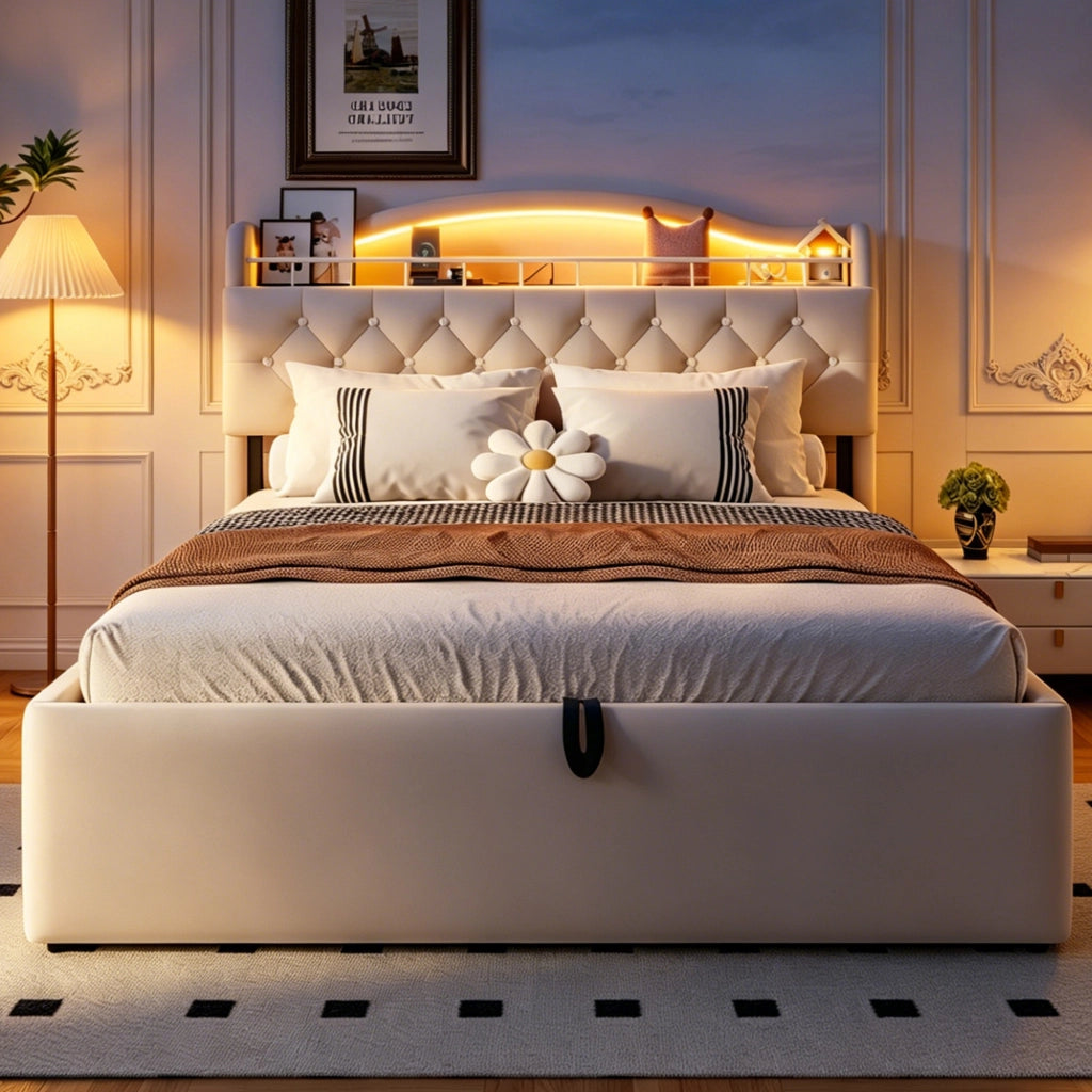 Letto contenitore matrimoniale con USB; USB-C; vani testata e LED 140 × 200 cm; senza materasso