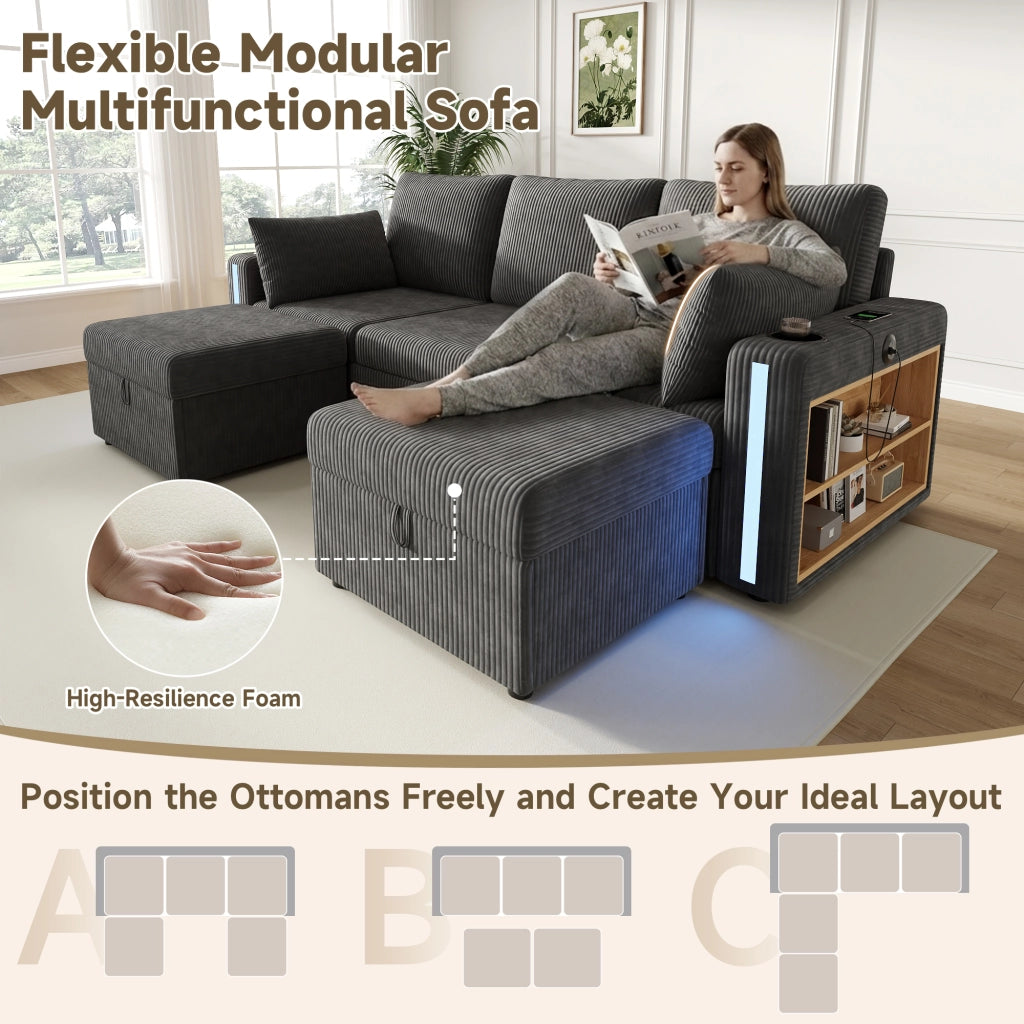 Canapé modulaire in velluto a coste con 2 pouf contenitore, LED, USB e tipo C, portabicchieri grigio 190 × 130 cm