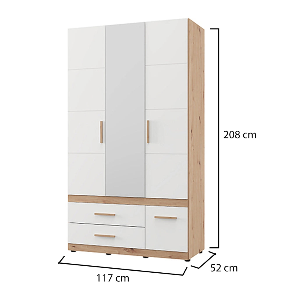 Armadio Camera da Letto Yelapa, Guardaroba 3 Ante Appendiabiti, 117x52 cm Bianco Opaco