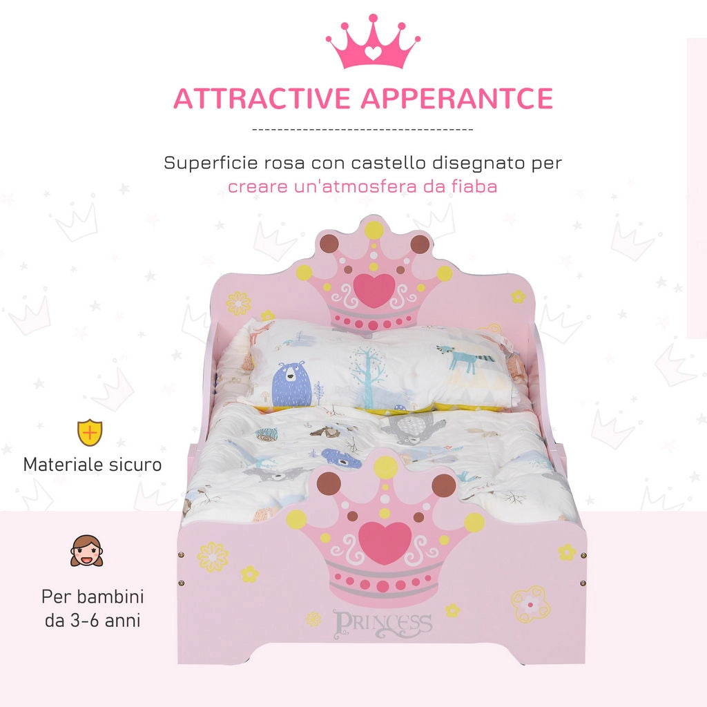LETTO PER BAMBINI PRINCESS DA 3-6 ANNI CON SPONDE DI SICUREZZA E DOGHE IN LEGNO 143L X 73P X 60A CM ROSA